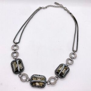 Vtg Creaz Bianco Silver Tone Striped Plastic Stone Necklace 14” + 2.5” Extender